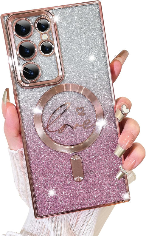 Fiyart Designed for Samsung Galaxy S22 Ultra Case,Compatible with MagSafe Love Heart Plating Camera Protection Clear Phone Case, Magnetic Glitter ...