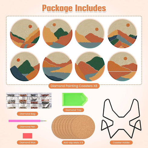 8 Pcs Diamond Painting Coasters Adults Kits with Holder,Sunset Mountain Landscape Diamond Painting Coasters Abstract Drinks Coasters Craft Supplie...