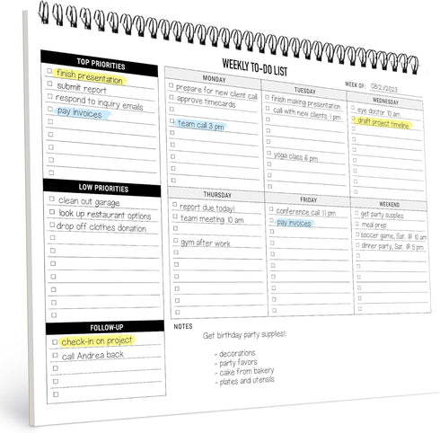 Weekly Planner To Do List Pad - 8.5x11" 52 Sheets Spiral - Desk Notepad with Multiple Sections - Undated Planning Notebook Checklist, Todo Agenda ...