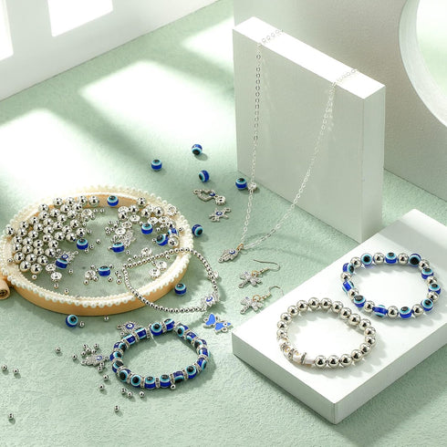 920 Pieces Evil Eye Charms Kits includes 20 Rhinestone Charms 100 Evil Eye Beads 100 Rondelle Spacer Bead 500 4mm and 200 8mm Round Beaded for DIY...