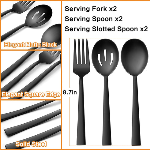 E-far Matte Black Serving Utensils Set of 6, Stainless Steel 8.7 Inch Hostess Serving Set with Square Edge, Metal Serving Slotted Spoons Forks for...