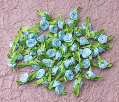 50 Pcs Satin Roses with Green Leaves Mini Cute Ribbon Bows Fabric Artificial Flower Supplies Ornament Applique for DIY Crafting Sewing Wrapping We...