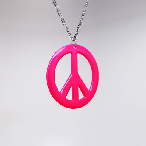 Hot Pink Hippie Peace Sign Pendant Necklace Enamel on Pewter Cosplay Jewelry...