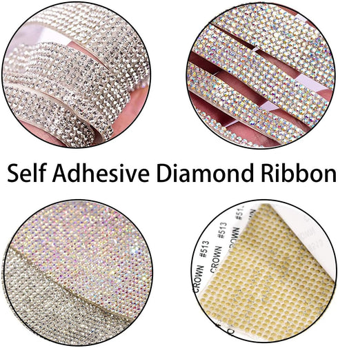 3 Rolls Self-Adhesive Crystal Rhinestone Diamond Ribbon 3 Yards DIY Decoration Sticker with 2 mm Rhinestones for Arts Crafts, DIY Event Car Phone ...