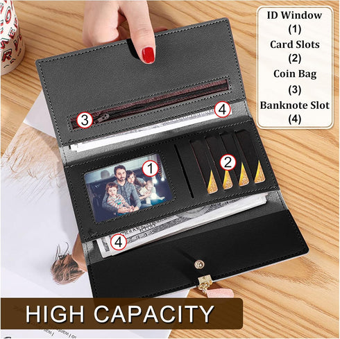 FuninCrea Purses for Women with Leaf Pendant, PU Leather Ladies Purse with Metal Snap Button, Bifold Womens Purse Long Leather Purse with Multiple...