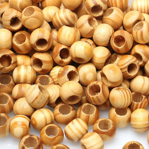 50 Wooden Beads Large Hole Macrame Beads Round Striped Wooden Loose Spacer Beads with Wood Texture for Bead Crafts Making, 15 x 20mm(Light Brown,1...