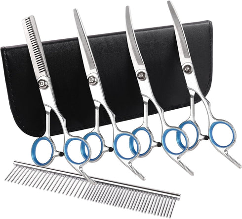 Premium Dog Grooming Scissors with Safety Round Tips, 6 in 1 Dog Grooming Scissors Kit, 4CR Stainless Steel Premium Pet Grooming Shears for Dog, S...