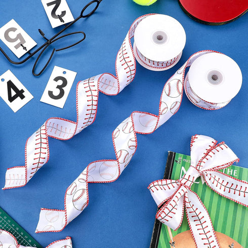2 Rolls 20 Yards Baseball Ribbons Red White Wired Edge Fabric Ribbons 1.5 Inch Sport Stitching Satin Wired Ribbon for Present Wrapping DIY Crafts ...
