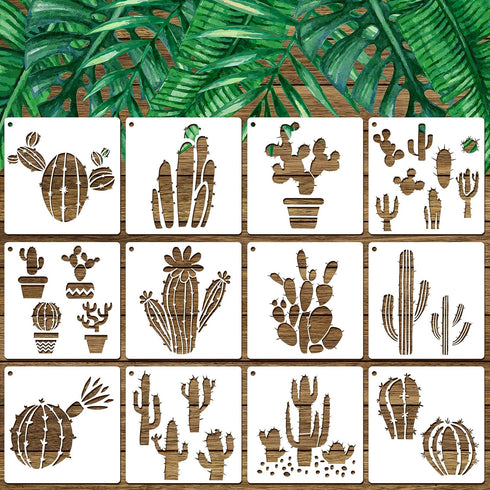 Zonon 12 Pcs Cactus Stencil for Crafts Reusable 8 Inch Summer Cacti Stencil Painting on Wood, Tropical Succulent DIY Art Template for Canvas Noteb...
