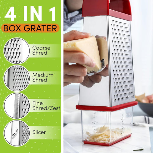 Spring Chef Professional Red 10" Parmesan Cheese Grater With Container, Stainless Steel & Soft Grip Handle, 4 Sided Kitchen Carrot Shredder, Handh...