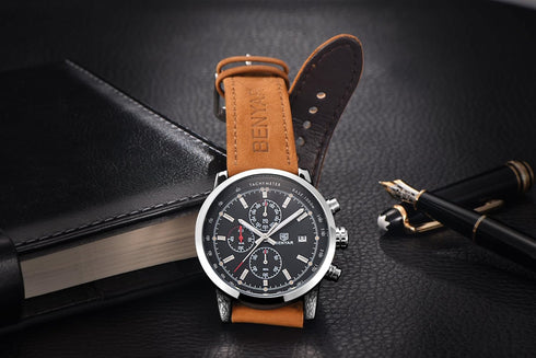 BENYAR - Stylish Wrist Watch for Men, Genuine Leather Strap Watches, Perfect Quartz Movement, Waterproof and Scratch Resistant, Analog Chronograph...