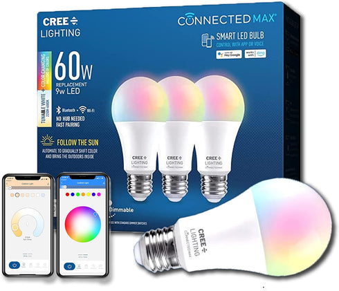 Cree Lighting Connected Max Smart Led Bulb A19 60W Tunable White + Color Changing, 2.4 Ghz, Compatible with Alexa and Google Home, No Hub Required...