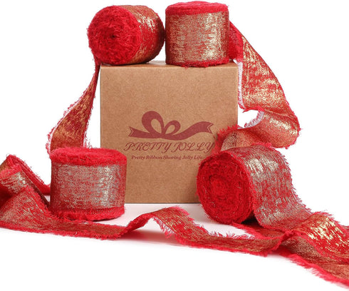 Pretty Jolly Shimmery Red Chiffon Ribbon for Gift Wrapping Handmade Frayed Fringe Silk Ribbon for Flower Bouquet Total 20 Yards 1 1/2 Inch Ribbons...