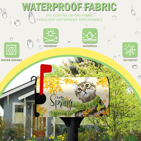 Hello Spring Mailbox Covers Magnetic Standard Size Summer Gold Flowers Cat with Scarf Waterproof Mailbox Wraps Floral Post Letter Box for Courtyar...