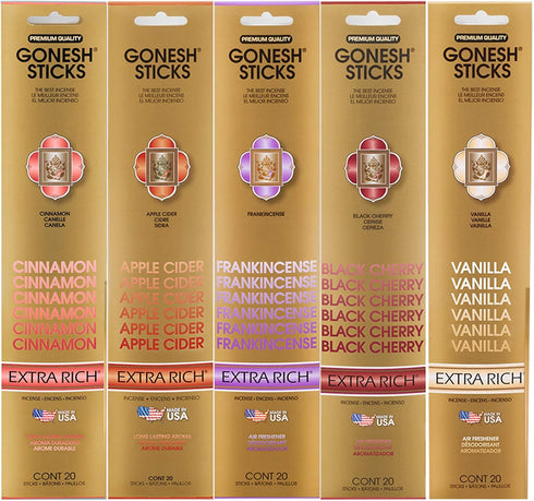 Gonesh Incense Extra Rich Collection Variety Pack, 5 Packs, 20 Sticks Each (Cinnamon, Apple Cider, Frankincense, Black Cherry, Vanilla)...
