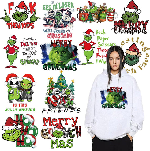12 Sheets Christmas Iron on Decals for T-shirts Winter Xmas Heat Transfer Vinyl Design Cartoon Green Haired Monster Iron on Transfers Patch for Ha...