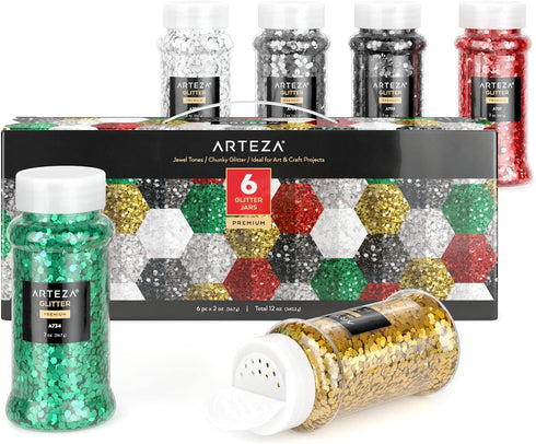 Arteza Chunky Glitter Set, 6 x 2-oz Bottles, Jewel-Toned Glitter for Resin, Glue, Acrylic Paint, Arts and Crafts Supplies for Creating DIY Project...