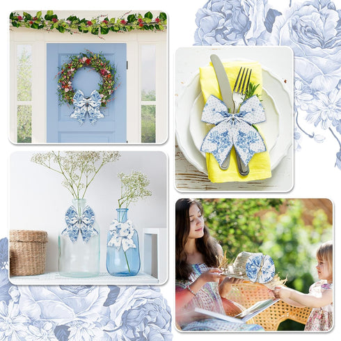 White and Blue Wired Edge Ribbon Floral Butterfly Craft Ribbon 24 Yards 2.5 Inch Blue Flower Fabric Ribbon for Wreath Bow DIY Craft Wedding Bridal...