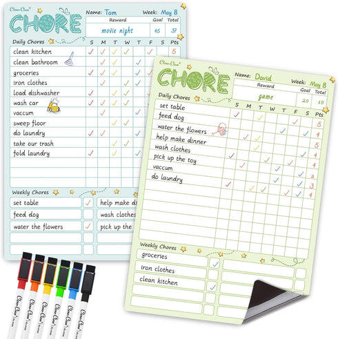 CLEVER CLEAN Magnetic Dry Erase Chore Chart - 8.5"x12" Behavior Responsibility Chore Board for Kids, Teenagers - 6 Extra Fine Point Markers Includ...
