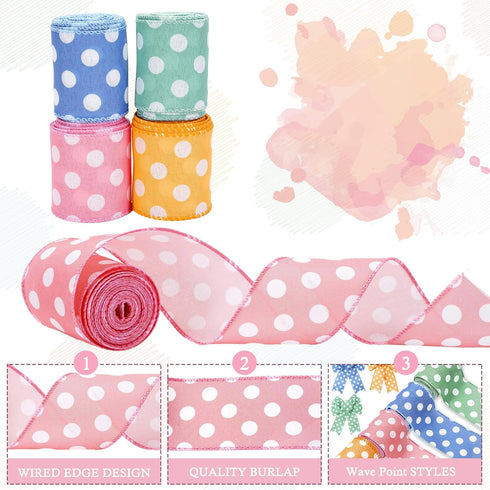 AnyDesign Polka Dots Wired Edge Ribbon 24 Yards Green Purple Pink Orange Dots Fabric Craft Ribbon for Easter Birthday Baby Shower Spring Gift Wrap...