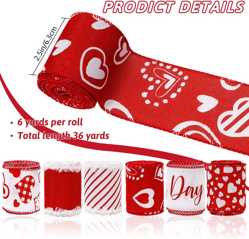 Whaline 36 Yard Happy Valentine's Day Wired Edge Ribbon Red White Love Hearts Craft Ribbon with Burr Wedding Fabric Wrapping Ribbon for Anniversar...