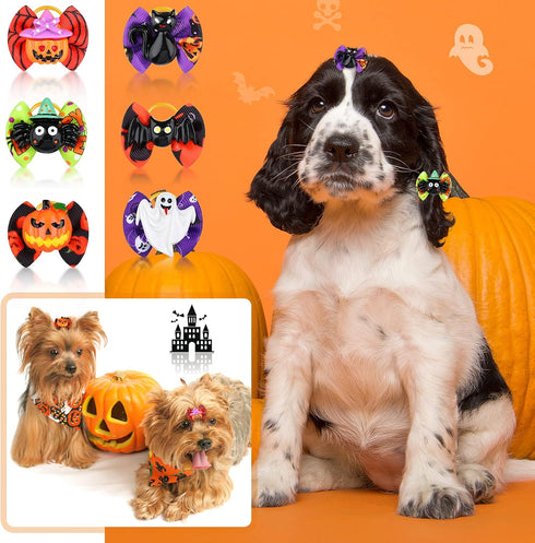 Frienda 64 Pieces Halloween Dog Hair Bows Halloween Dog Topknot Bows with Rubber Bands Pumpkin Ghost Bat Pet Hair Bows Puppy Grooming Bows Hallowe...