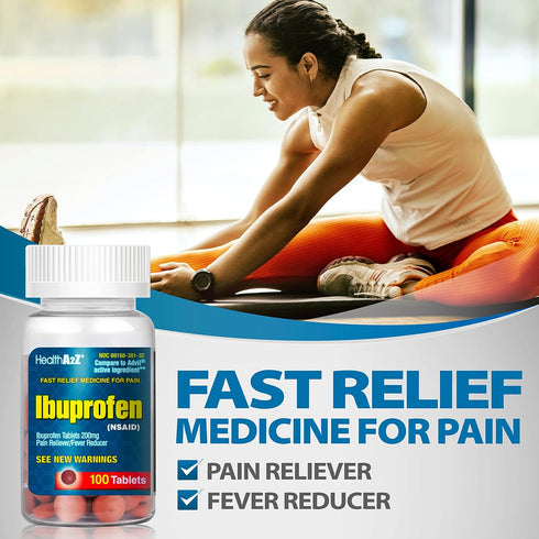 HealthA2Z® Ibuprofen 200mg | Pain Relief | Body Aches | Headache | Arthritis | Cramps | Back Pain | Fever Reducer (100 Count)...