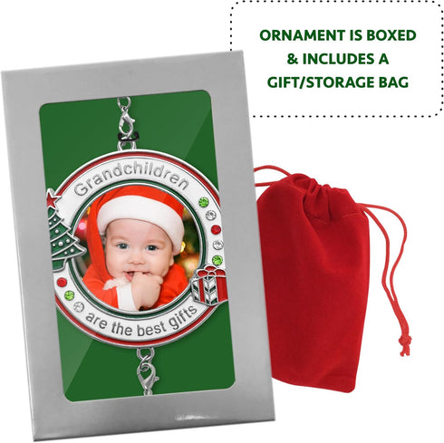 Grandchildren Photo Christmas Ornament - Dated 2025 Charm - Red White and Green Enameled and Jeweled Accents - Grandkids Picture Xmas Ornaments fo...
