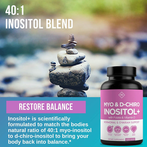 Premium Inositol Supplement - Myo-Inositol and D-Chiro Inositol Plus Folate and Vitamin D - Ideal 40:1 Ratio - Hormone Balance & Healthy Ovarian S...