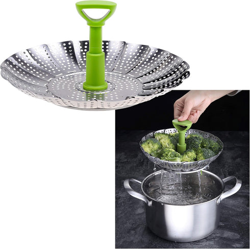 Kare & Kind 1x Adjustable Steamer Basket - Extendable Stainless Steel Steamer with Center Handle - 5.1" to 9" - Foldable Feet - Can Fit Different ...