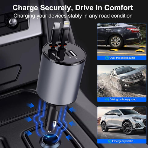 Retractable Car Charger 4 in 1 Fast Charge USB C Car Charger Adapter with Retractable Cord Cable 100W, Car Phone Charger for iPhone 15 Pro Max Plu...