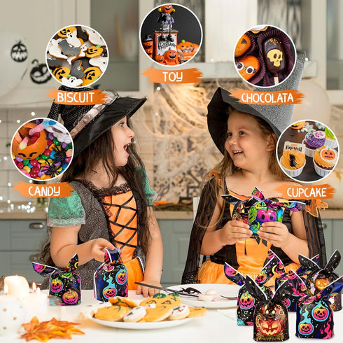 100PCS Halloween Treat Bags Candy Bags, Kids Trick or Treat Bags Goodie Bags, Cute Rabbit Ear Small Halloween Cookies Plastic Gift Bags for Hallow...