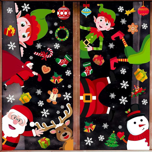 90shine 314PCS Christmas Decorations Window Clings - Xmas Holiday Snowflake Santa Elf Reindeer Gnome Peeking Decals, Winter Wonderland Party Suppl...