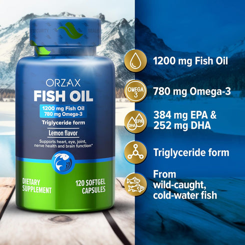 ORZAX Omega 3 Fish Oil 1200 mg - EPA DHA Omega 3 Supplement - Heart, Eye, Joint, and Nerve & Brain Supplement - Lemon Flavored - 120 Softgels Caps...