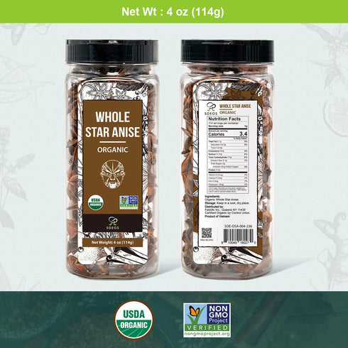 Soeos Organic Star Anise, Whole Star Anise 4 oz (114g), Chinese Star Anise Pods, Star Anise Organic Whole, Non-GMO Verified, Dried Star Anise for ...