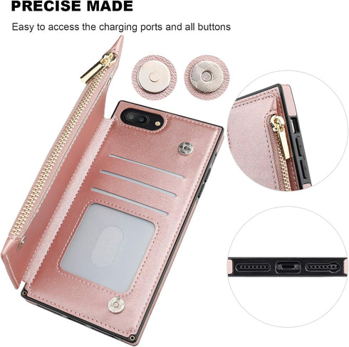 Bocasal Wallet Case for iPhone 7 Plus/8 Plus with 3 Card Slots Cash Holder Zipper Design Premium PU Leather Sturdy Magnetic Closure 5.5 Inch(Rose ...