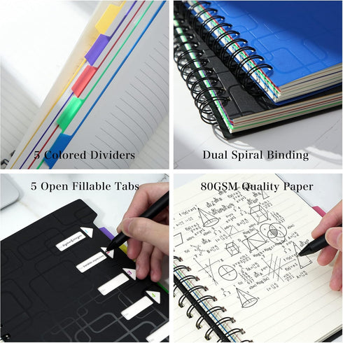 CAGIE 5 Subject Notebook for Work 240 Pages Spiral Notebooks College Ruled with Dividers Tabs A5 Small Note Book for School Office Supplies Note T...