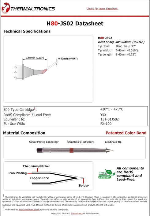 Thermaltronics H80-JS02 Bent Sharp 30deg 0.4mm (0.016in) interchangeable for Hakko T31-01JS02...