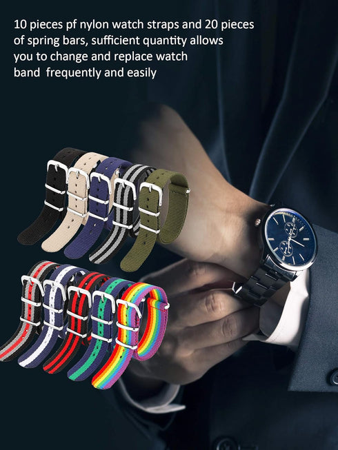 meekoo 10 Pieces Nylon Watch Strap Military Replacement Watch Band with Stainless Steel Buckle for Men and Women's Band Replacing, 18 mm...
