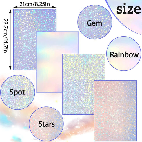 36 Sheets Self-Adhesive Paper Holographic Transparent Paper A4 Waterproof Self-Adhesive Transparent Film 11.7 x 8.3 Inches (Gem, Point, Colorful, ...