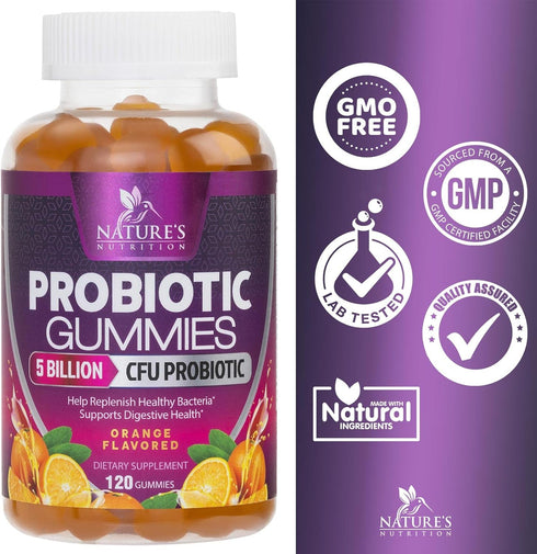 Probiotic Gummies for Digestive Health, Daily Probiotics for Women & Men, 5 Billion CFUs, Nature's Pro Biotics Gummy for Immune Support, Digestive...
