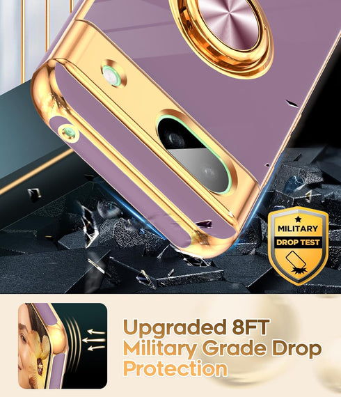 LeYi for Google Pixel 8A Phone Case: with 360° Rotatable Ring Holder Magnetic Kickstand, Plating Rose Gold Edge Protective Google Pixel 8A Case, P...