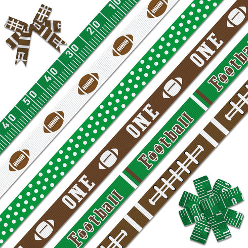 6 PCS Sports Football Ribbons for Crafting, 3/8" Width Grosgrain Ribbon Rugby Football Ribbon Green Brown Balls Game Craft Ribbons for Football Se...