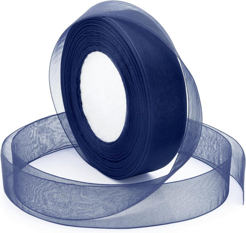 Bule Ribbon for Gifts Wrapping, 1 inch 50Yard Sheer Organza Ribbon, Navy Blue Gift Wrap Ribbon, Chiffon Fabric Ribbon for Wedding, Crafts, Flower ...