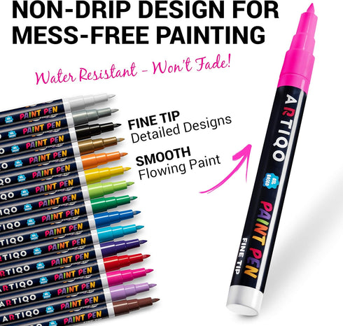 Fine Tip Paint pens for Rock Painting - Wood, Glass, Metal and Ceramic Works on Almost All Surfaces Set of 15 Vibrant oil based fine point paint m...
