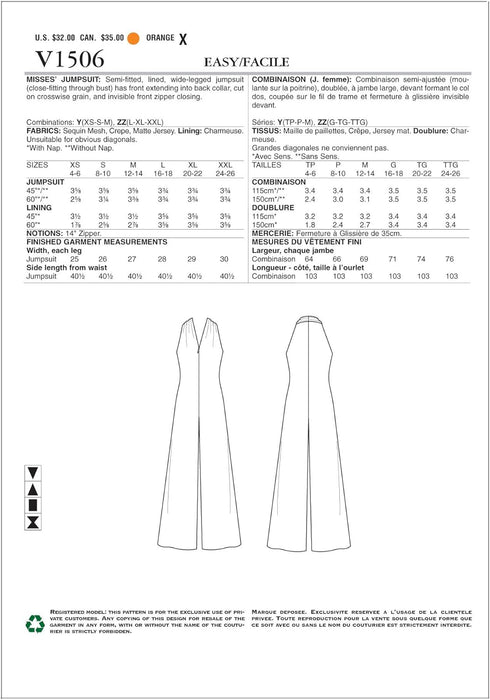 Vogue Patterns Misses' Sleeveless Wide-Leg Jumpsuit, XSM-SML-MED, Orange...