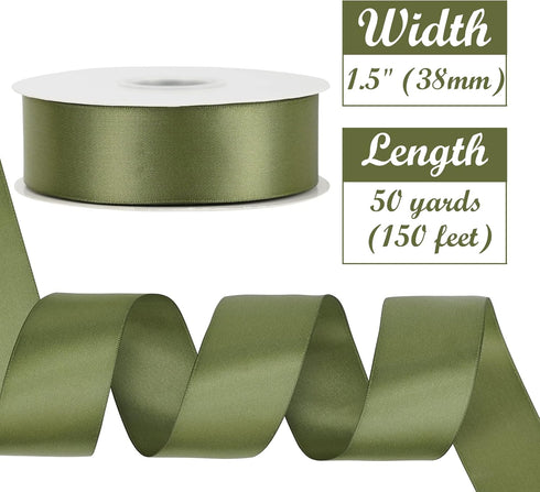 HUIHUANG 1-1/2 inch Double Face Satin Ribbon, Polyester Moss Green Ribbon 50 Yards Per Roll for Gift Wrapping Bows Making Floral Bouquet Wedding I...