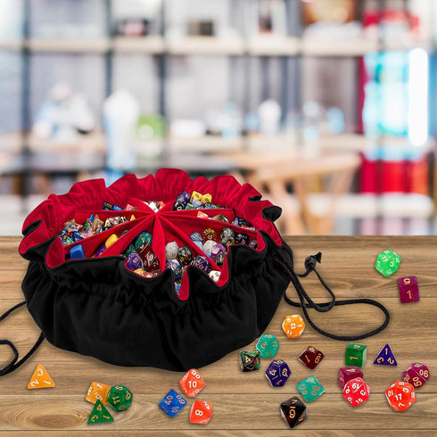 SIQUK Large Dice Bag with Pockets Drawstring Dice Bag DND Dice Storage Bag Big Capacity Dice Pouch for RPG MTG Table Games, Hold over 300 Dice (Bl...