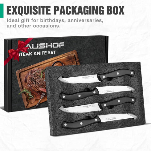 HAUSHOF Steak Knives Set of 4, Premium Stainless Steel Serrated Steak Knife Set with Gift Box, Full Tang and Ergonomic Handle, Gifts Knife Set for...