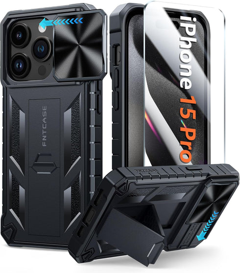 FNTCASE for iPhone 15 Pro Case: Military Grade Drop & Shock Protection Cell Phone Cover with Kickstand & Slide | Rugged Protective Bumper Textured...